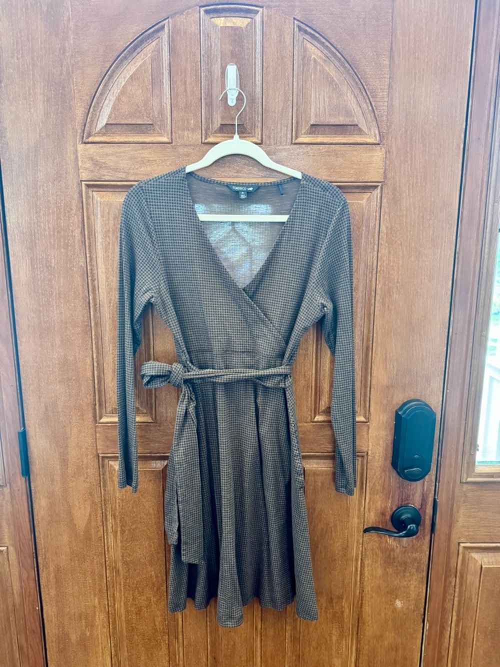 Toad&Co Brown Houndstooth Wrap Midi Dress with Self-Tie Belt